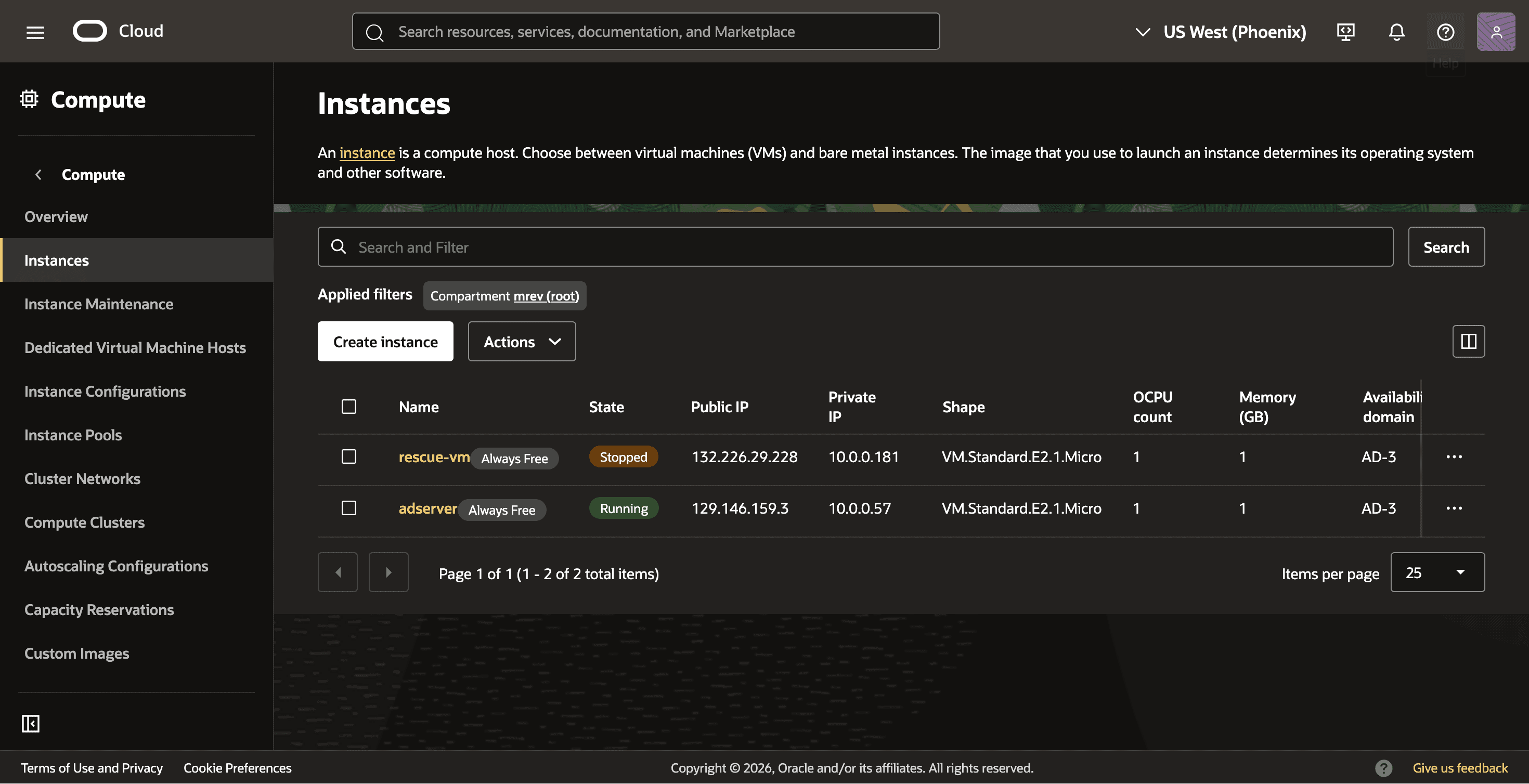 OCI Instances list overview (adserver + rescue-vm)