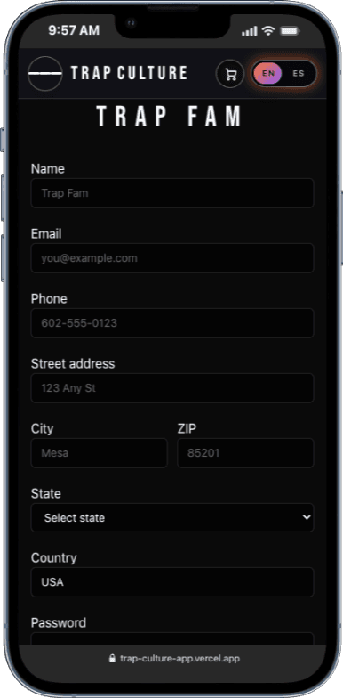 Trap Fam sign-up screen